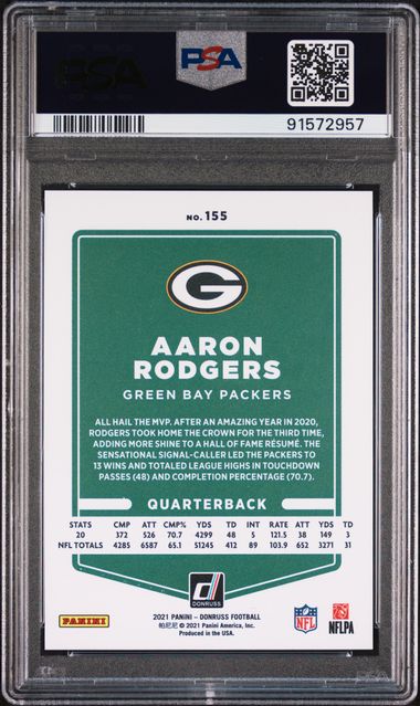 Aaron Rodgers 2021 Panini Donruss Press Proof Premium Football Card #155 Graded PSA 10-Powers Sports Memorabilia