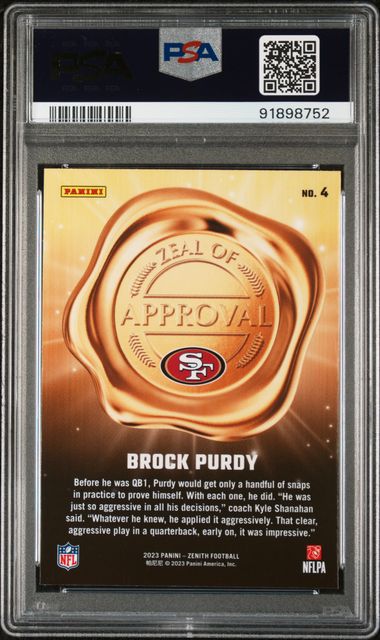 Brock Purdy 2023 Panini Zenith Zeal Of Approval Red Card #4 Graded PSA 10-Powers Sports Memorabilia