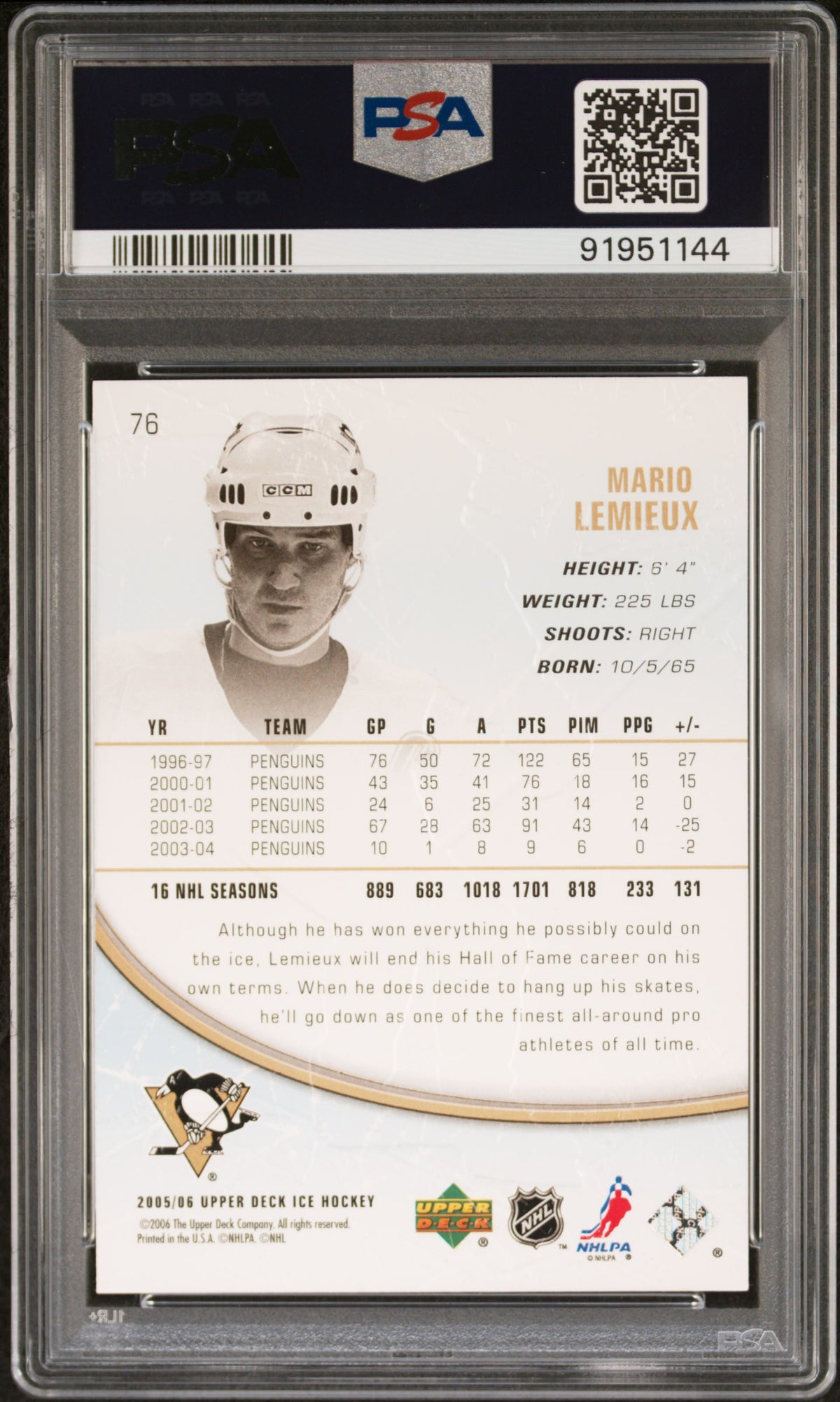 Mario Lemieux 2005 Upper Deck Ice Hockey Card #76 Graded PSA 10 Cert #91951144-Powers Sports Memorabilia
