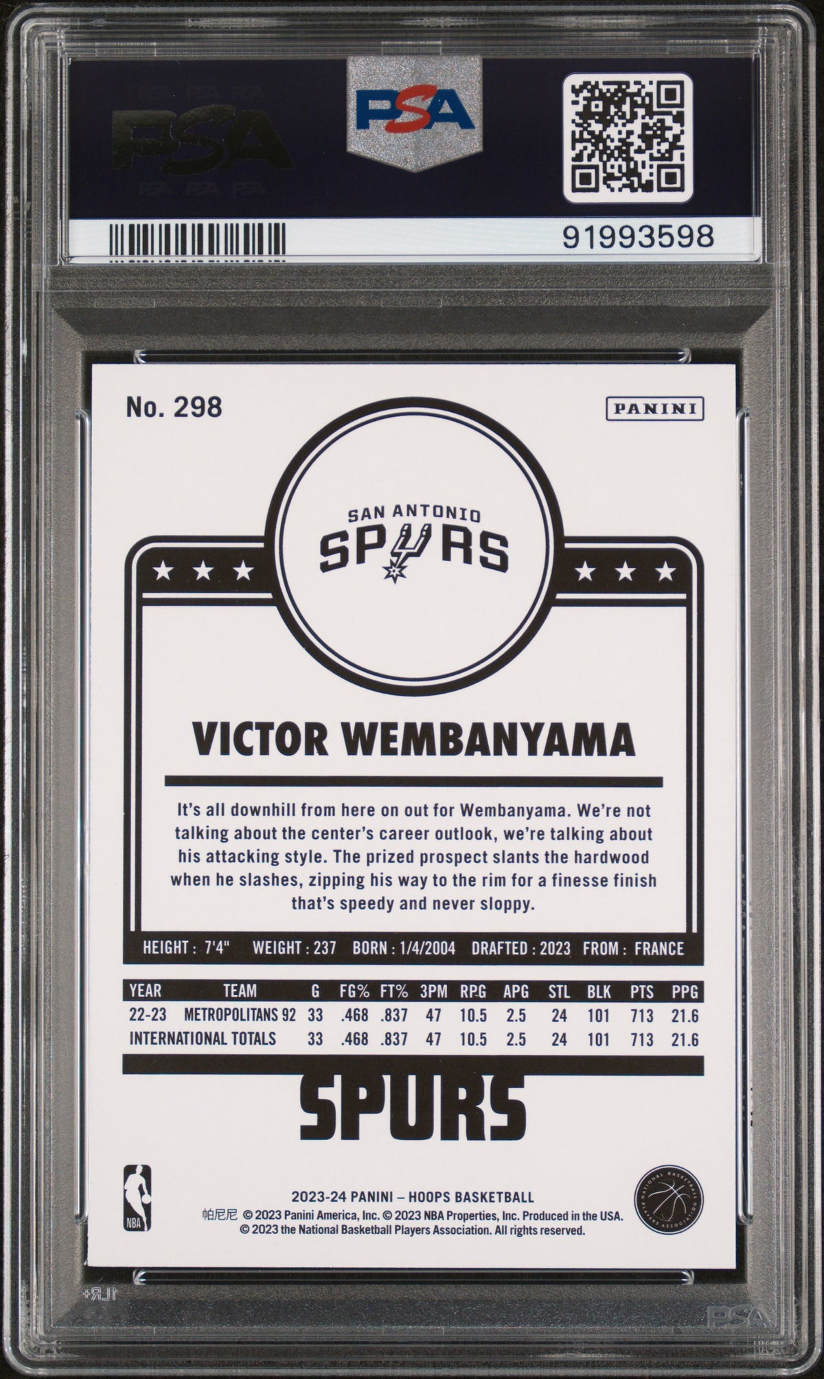 Victor Wembanyama 2023 NBA Hoops San Antonio Spurs Basketball Rookie Card #298 Graded PSA 9 Cert #91993598-Powers Sports Memorabilia