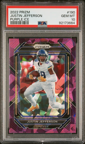 Justin Jefferson 2022 Panini Prizm Purple Ice Football Card #190 Graded PSA 10 71/225