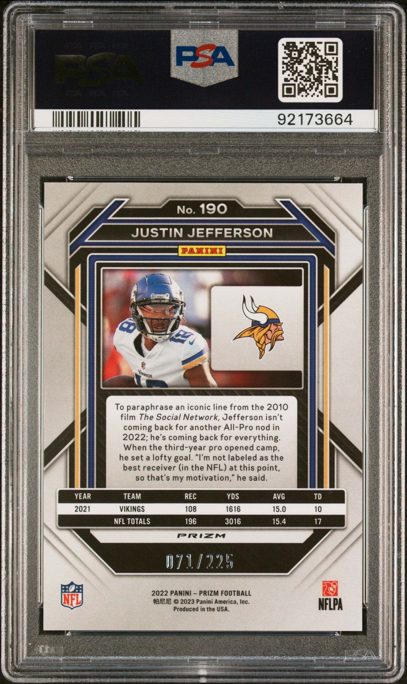 Justin Jefferson 2022 Panini Prizm Purple Ice Football Card #190 Graded PSA 10 71/225-Powers Sports Memorabilia