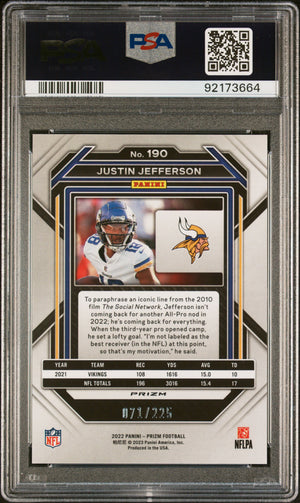 Justin Jefferson 2022 Panini Prizm Purple Ice Football Card #190 Graded PSA 10 71/225-Powers Sports Memorabilia