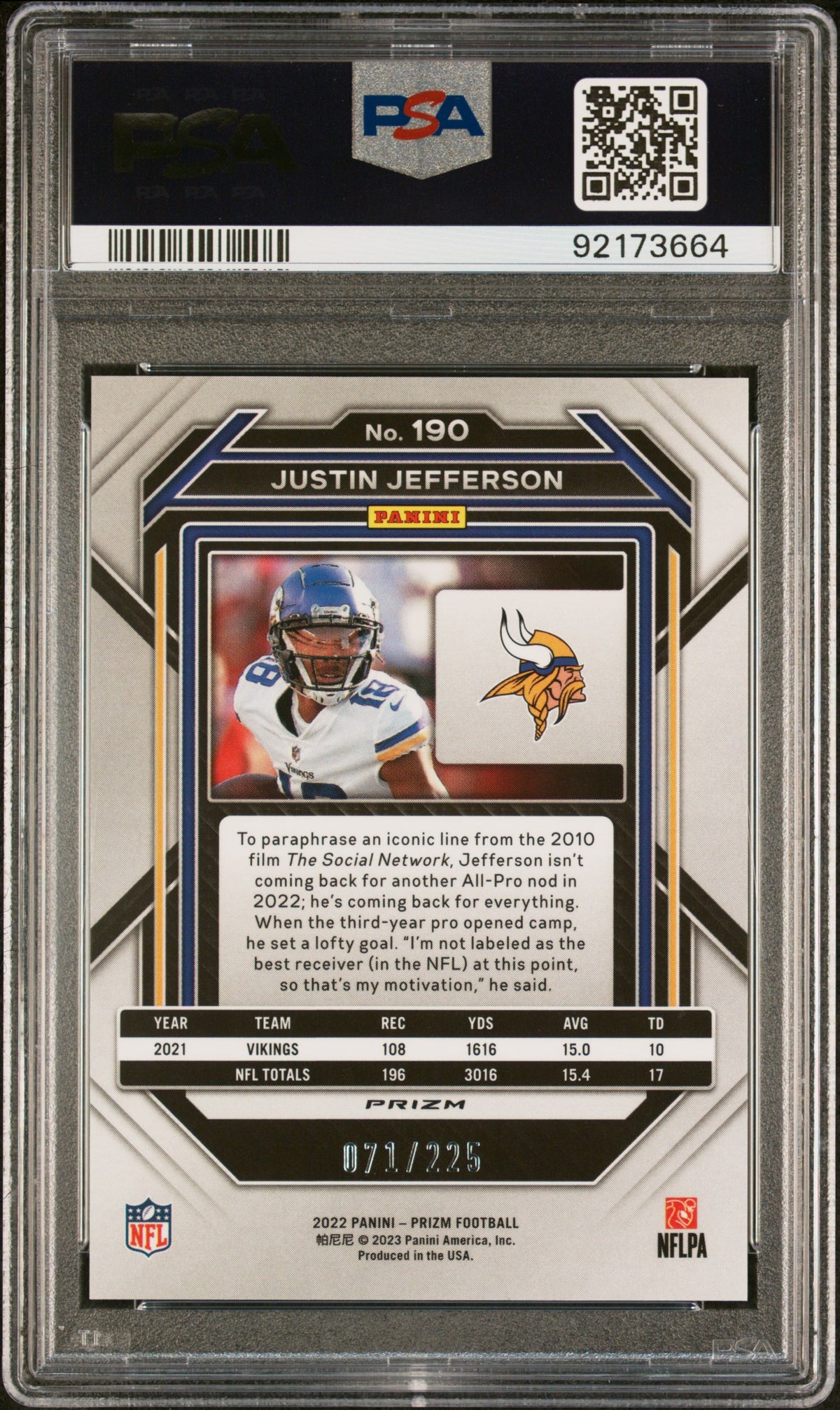 Justin Jefferson 2022 Panini Prizm Purple Ice Football Card #190 Graded PSA 10 71/225