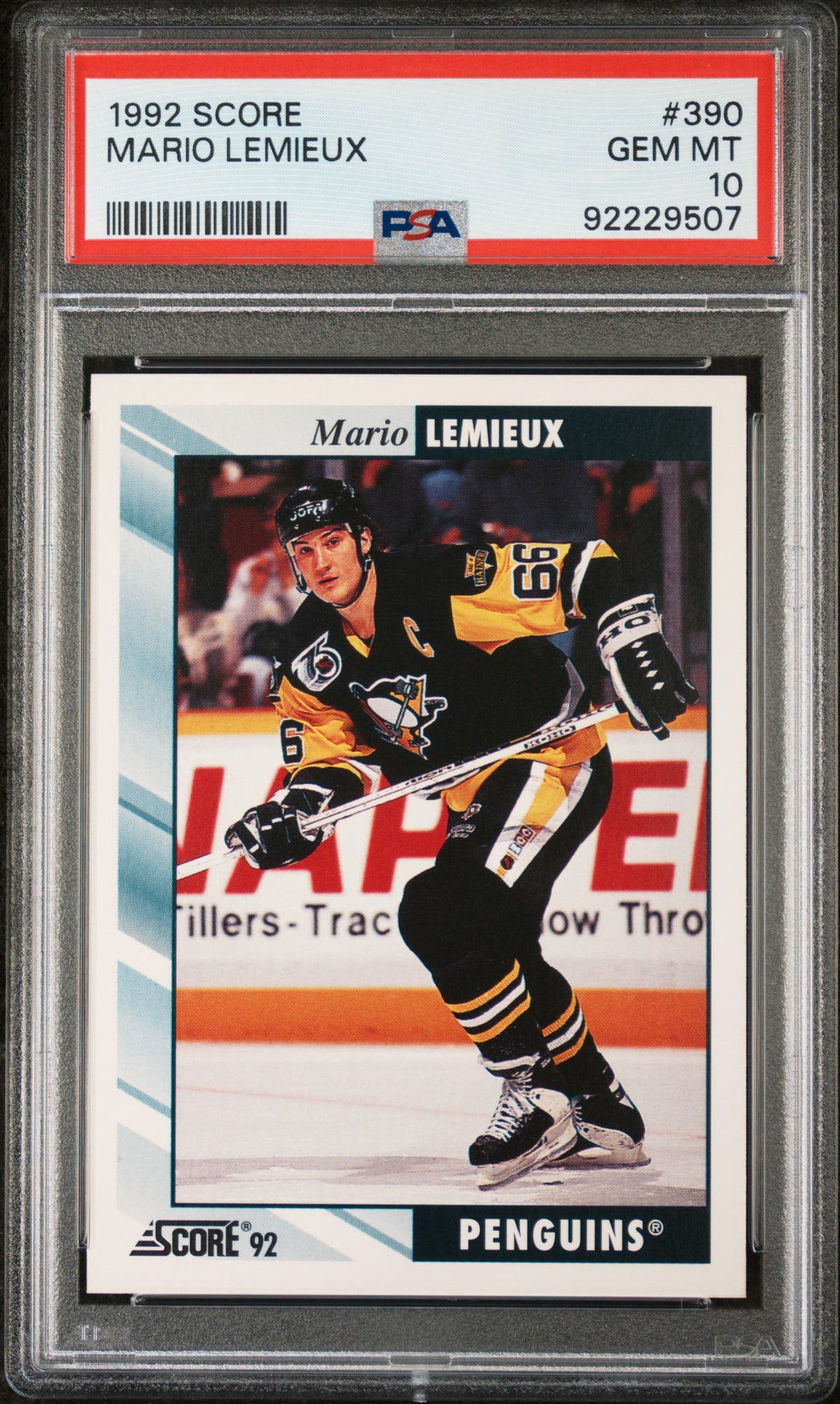 Mario Lemieux 1992 Score Hockey Card #390 Graded PSA 10 Cert #92229507-Powers Sports Memorabilia