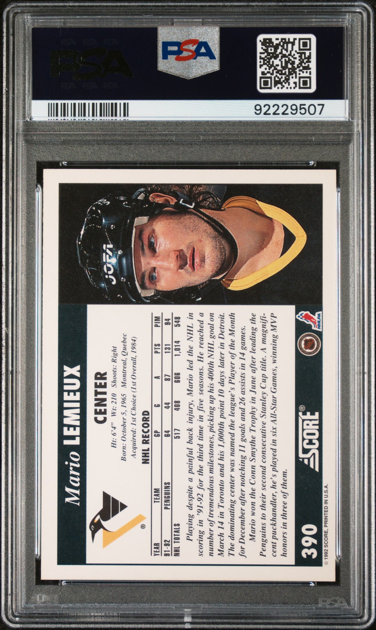 Mario Lemieux 1992 Score Hockey Card #390 Graded PSA 10 Cert #92229507-Powers Sports Memorabilia