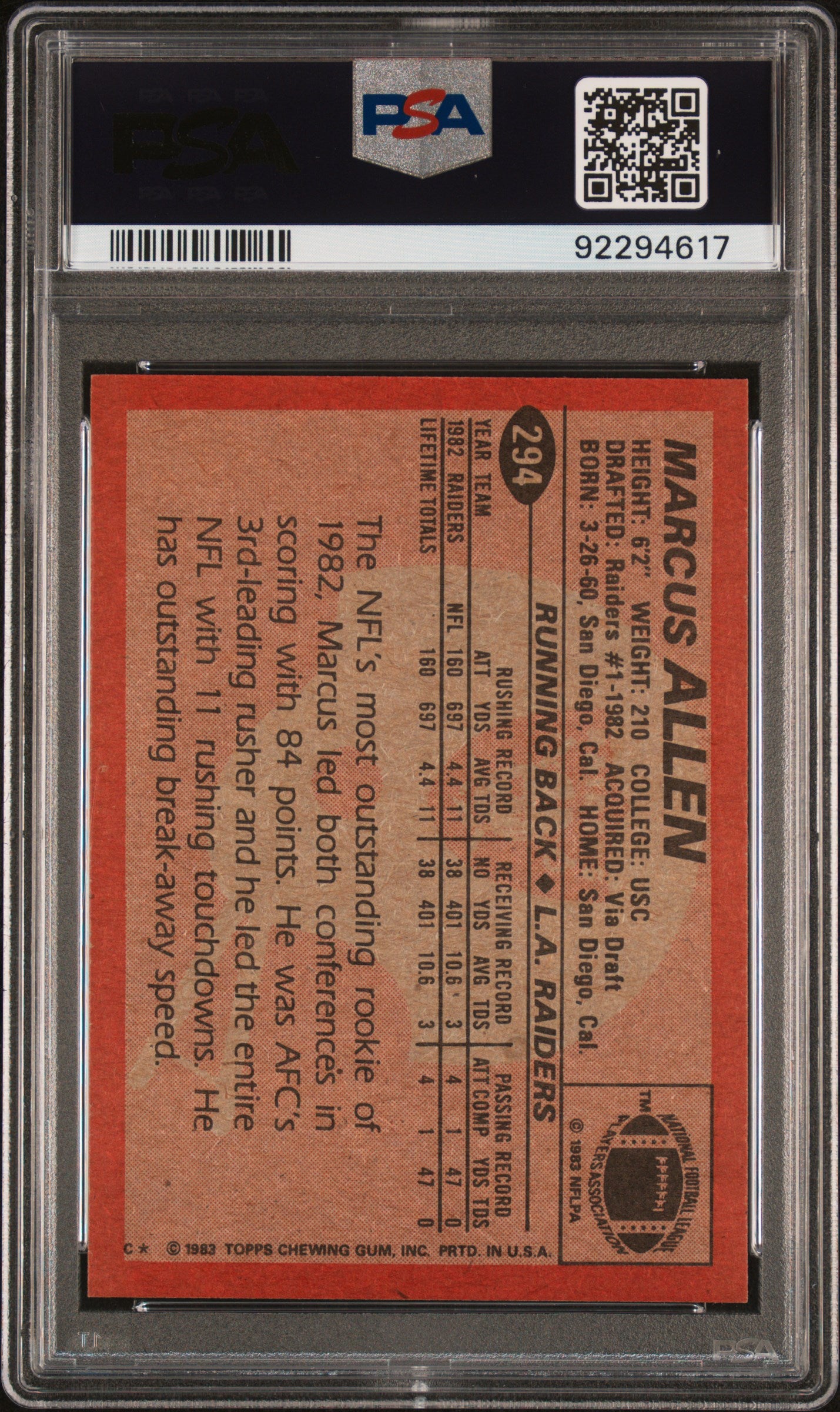 Marcus Allen 1983 Topps Signed Football Rookie Card #294 PSA 7 Auto Graded 10-Powers Sports Memorabilia