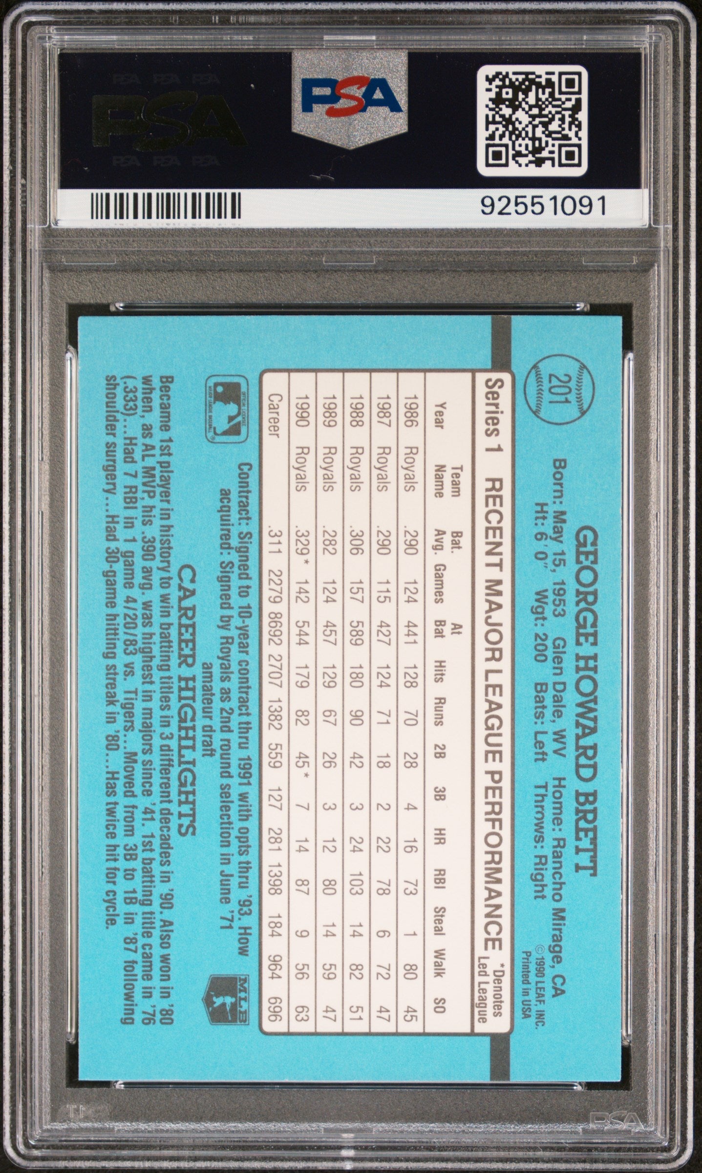 George Brett 1991 Donruss Baseball Card #201 Graded PSA 10-Powers Sports Memorabilia