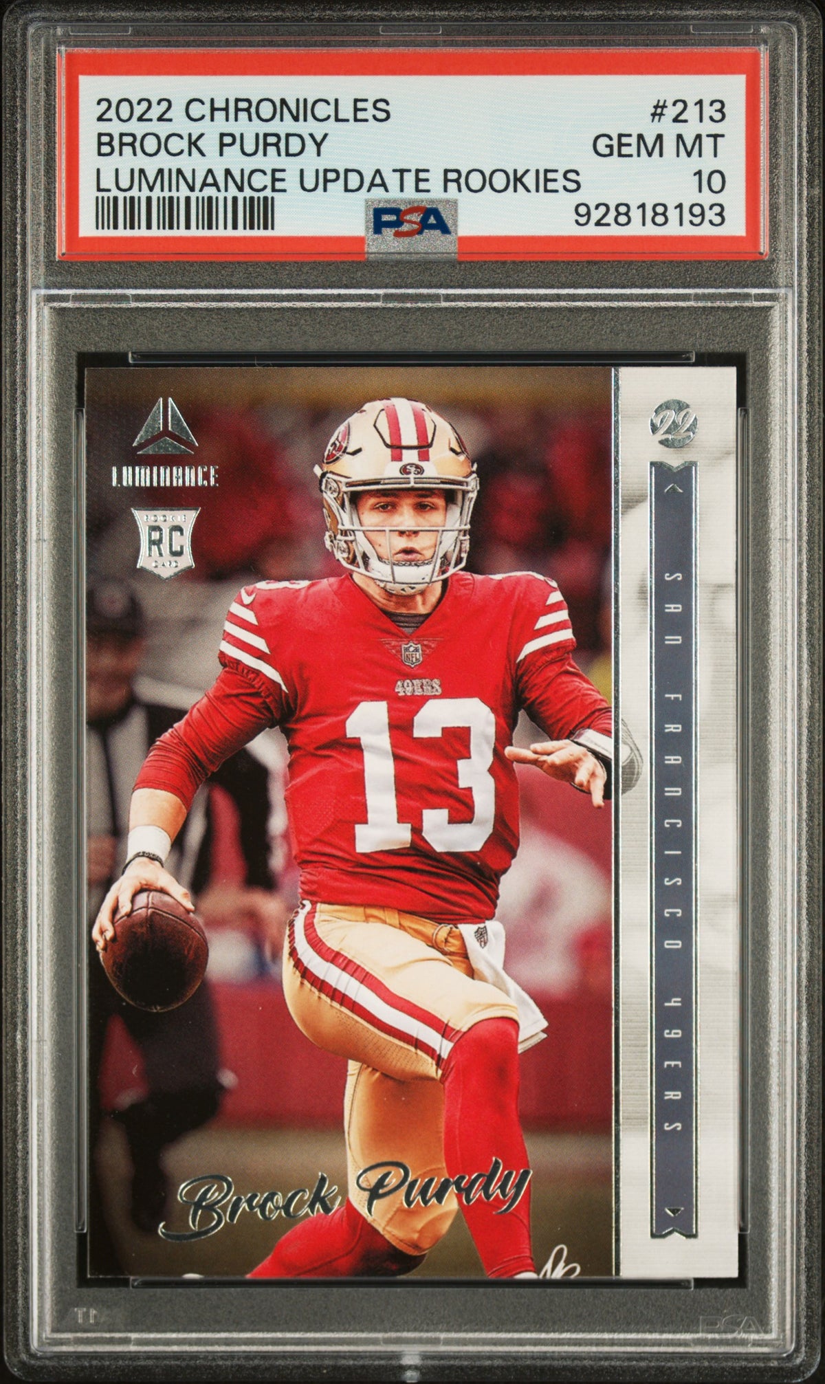 Brock Purdy 2022 Panini Chronicles Luminance Update Rookie Football Card #213 Graded PSA 10 Cert 92818193-Powers Sports Memorabilia