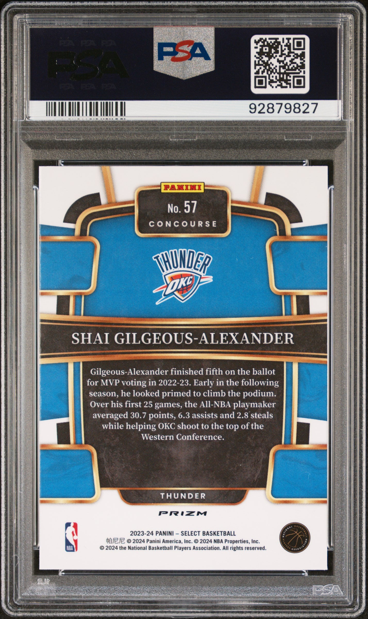 Shai Gilgeous-Alexander 2023 Panini Select Blue Prizm Basketball Card #57 Graded PSA 10-Powers Sports Memorabilia