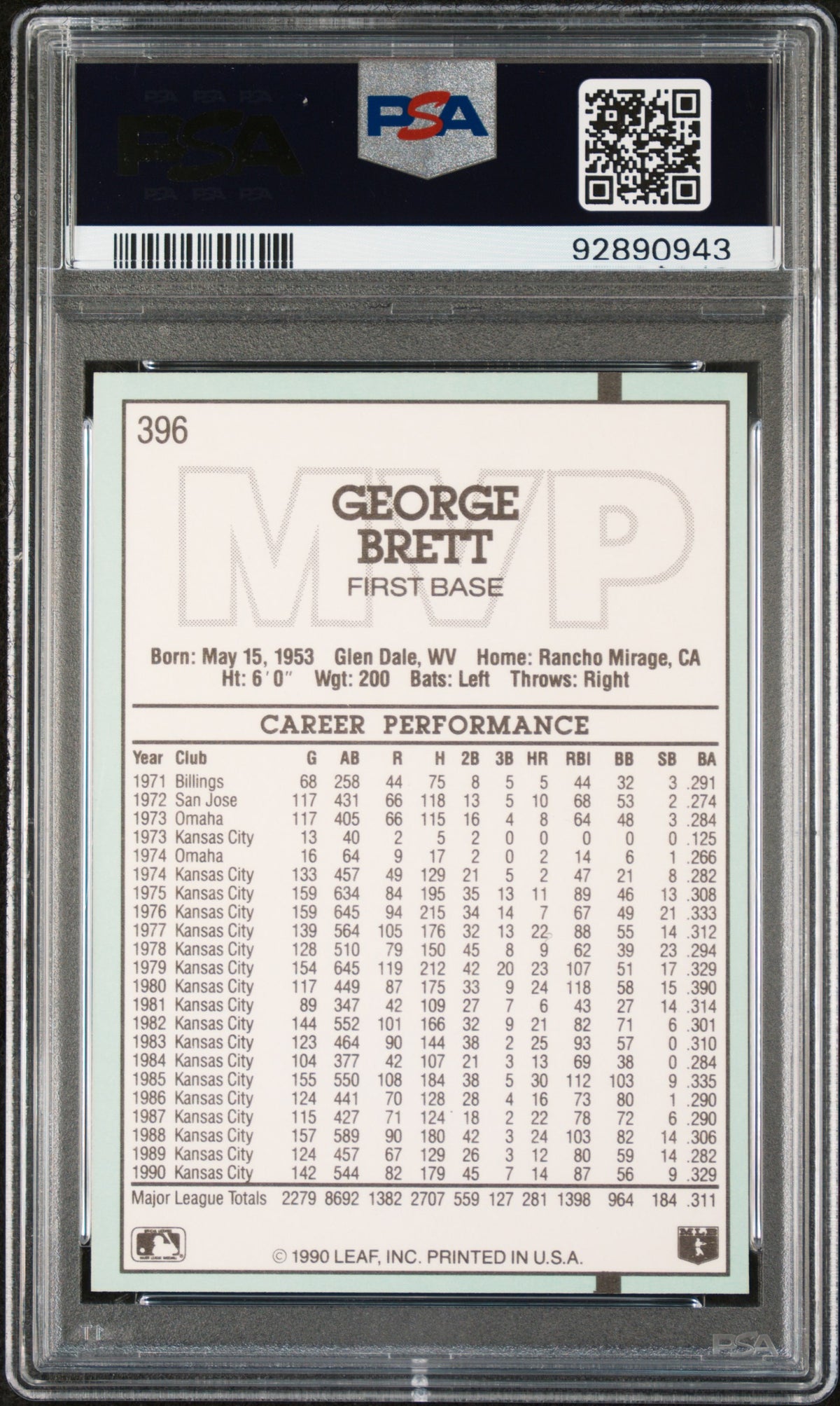 George Brett 1991 Donruss Baseball Card #396 Graded PSA 10-Powers Sports Memorabilia