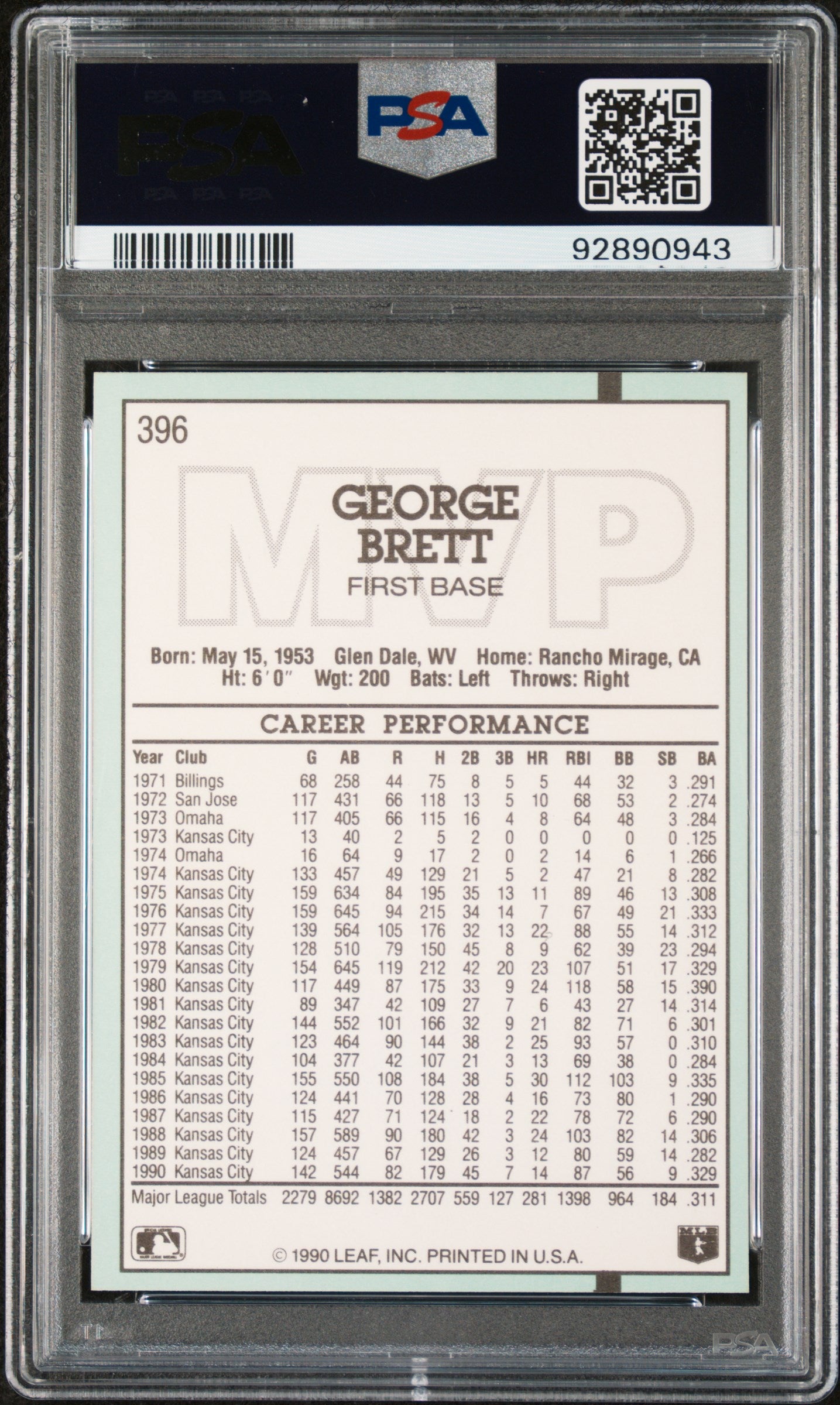 George Brett 1991 Donruss Baseball Card #396 Graded PSA 10-Powers Sports Memorabilia