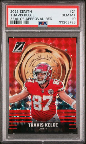 Travis Kelce 2023 Panini Zenith Zeal of Approval Red Card #21 Graded PSA 10-Powers Sports Memorabilia