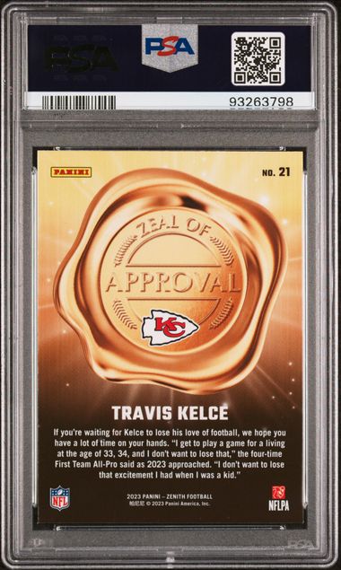 Travis Kelce 2023 Panini Zenith Zeal of Approval Red Card #21 Graded PSA 10-Powers Sports Memorabilia