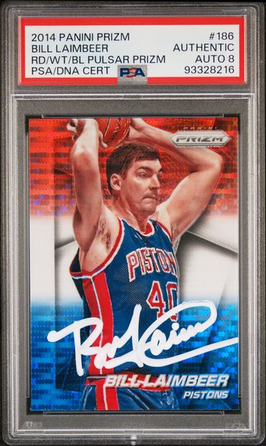 Bill Laimbeer 2014 Panini Prizm Red White Blue Pulsar Card #186 Auto PSA 8-Powers Sports Memorabilia