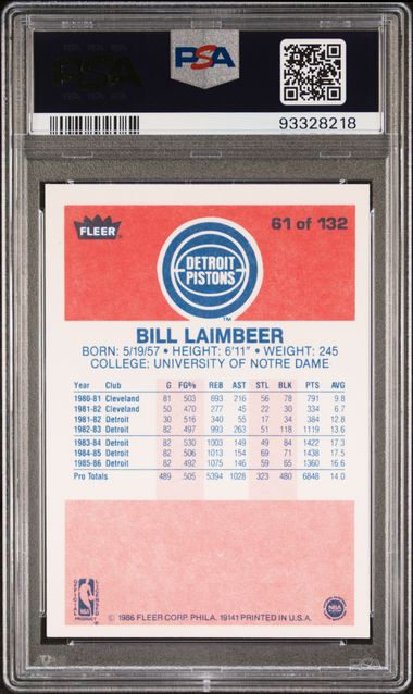 Bill Laimbeer 1986 Fleer Basketball Card #61 Auto Graded PSA 10 93328218-Powers Sports Memorabilia