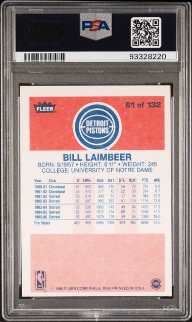 Bill Laimbeer 1986 Fleer Basketball Card #61 Auto Graded PSA 10 93328220-Powers Sports Memorabilia