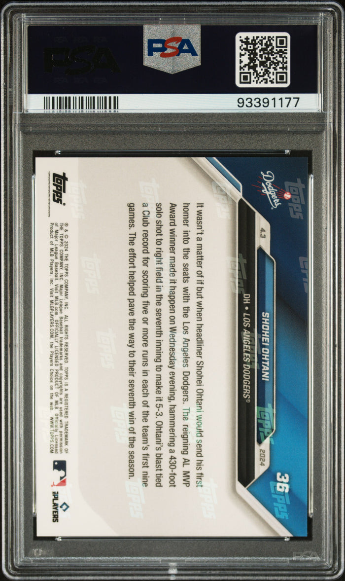 Shohei Ohtani 2024 Topps Now Los Angeles Dodgers 1st Home Run Baseball Card #36 Graded PSA 10 Cert #93391177-Powers Sports Memorabilia