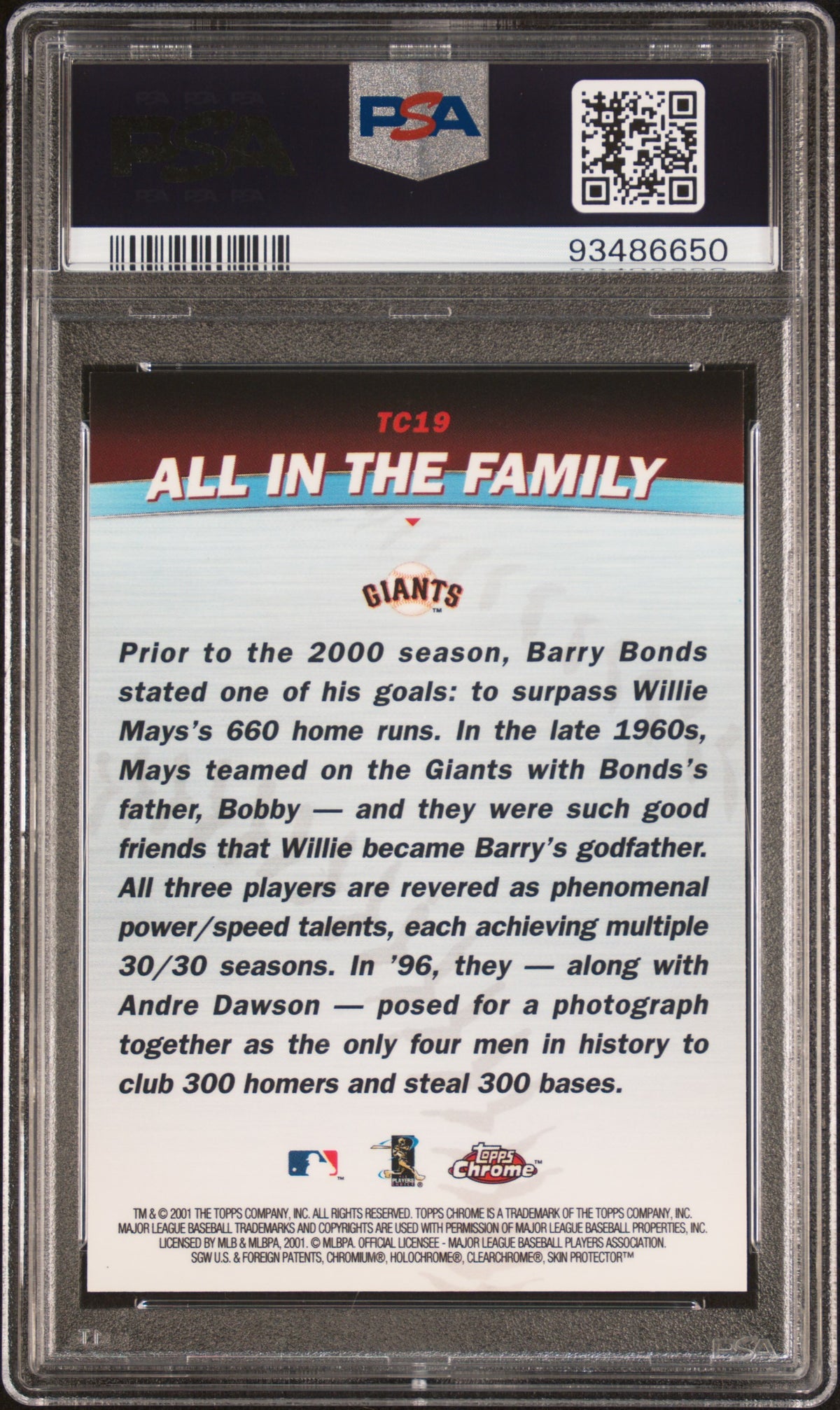 Barry Bonds Willie Mays 2001 Topps Chrome Combos All In The Family Card #TC19 Graded PSA 9 Cert #93486650-Powers Sports Memorabilia