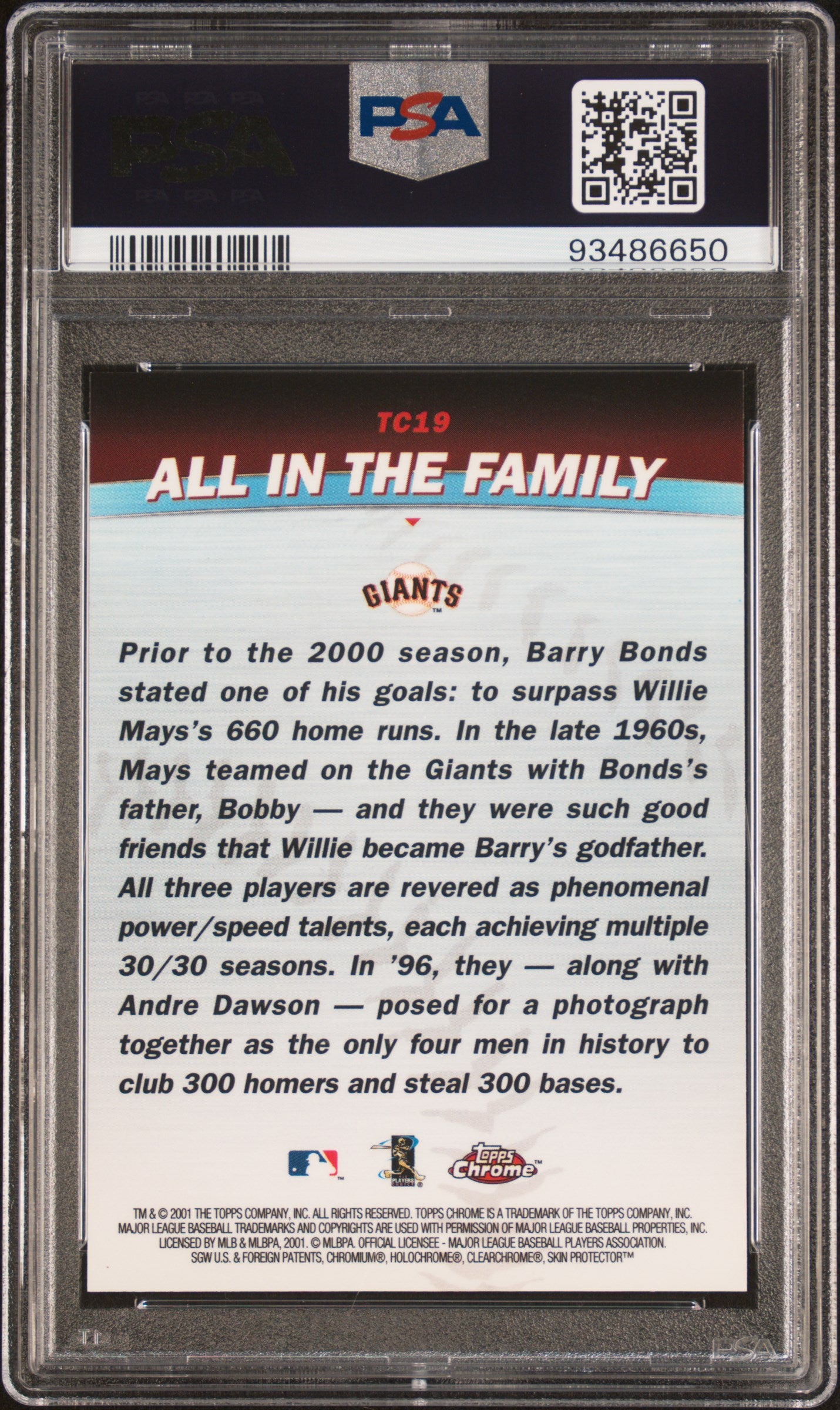 Barry Bonds Willie Mays 2001 Topps Chrome Combos All In The Family Card #TC19 Graded PSA 9 Cert #93486650-Powers Sports Memorabilia