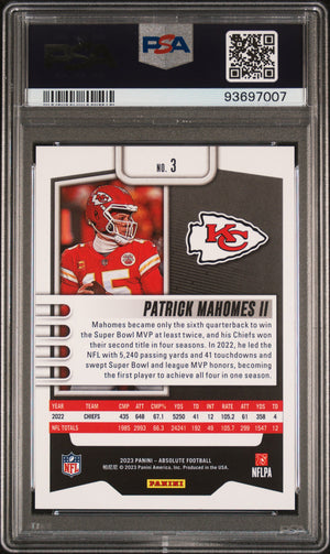 Patrick Mahomes II 2023 Panini Absolute Red Squares Kansas City Chiefs Football Card #3 429/499 Graded PSA 10 Cert #93697007