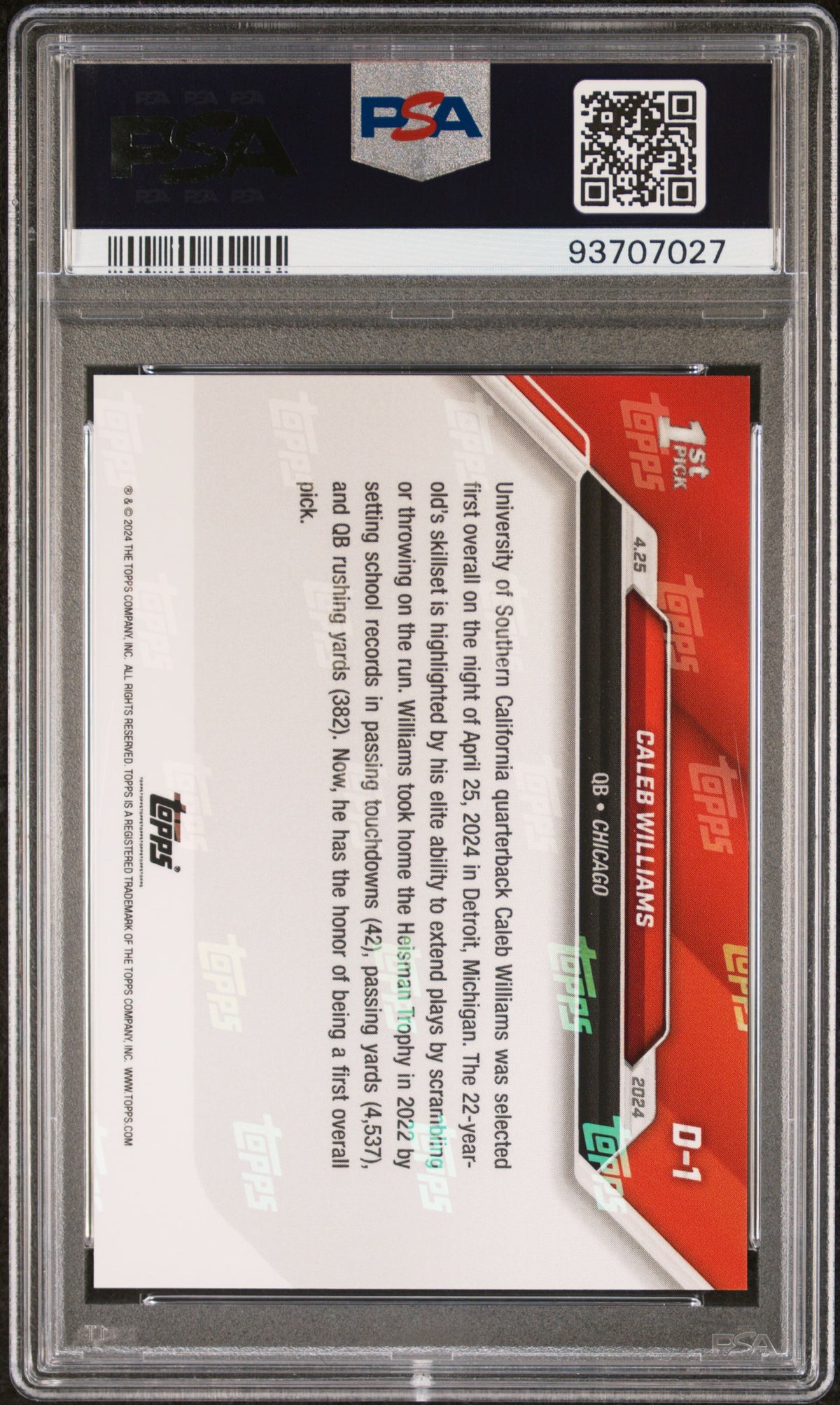 Caleb Williams 2024 Topps Now Rookie Football Card #D1 Graded PSA 10 Cert #93707027-Powers Sports Memorabilia