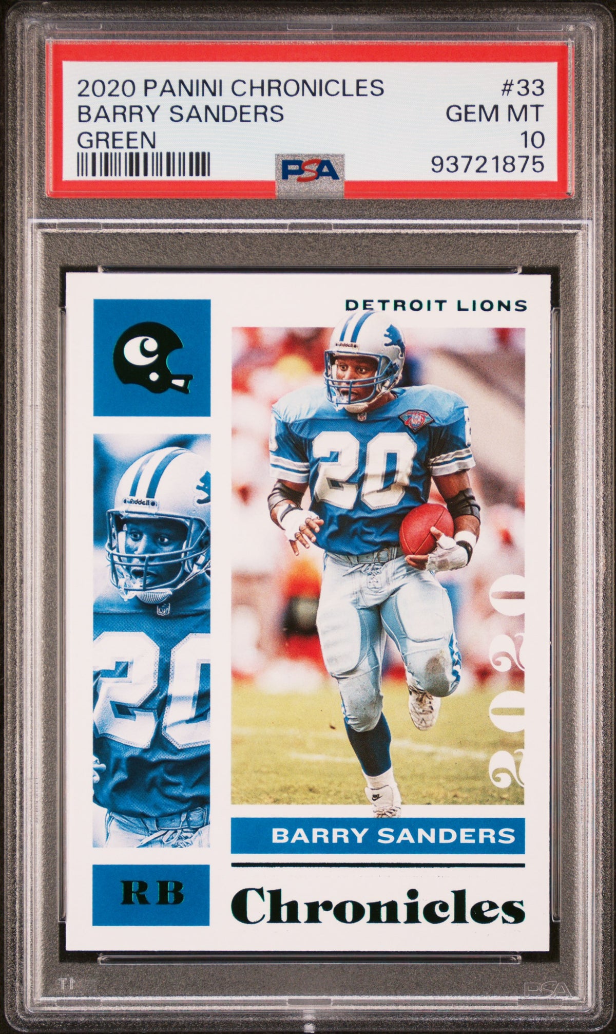 Barry Sanders 2020 Panini Chronicles Green Football Card #33 Graded PSA 10-Powers Sports Memorabilia