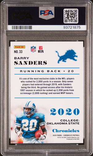 Barry Sanders 2020 Panini Chronicles Green Football Card #33 Graded PSA 10-Powers Sports Memorabilia