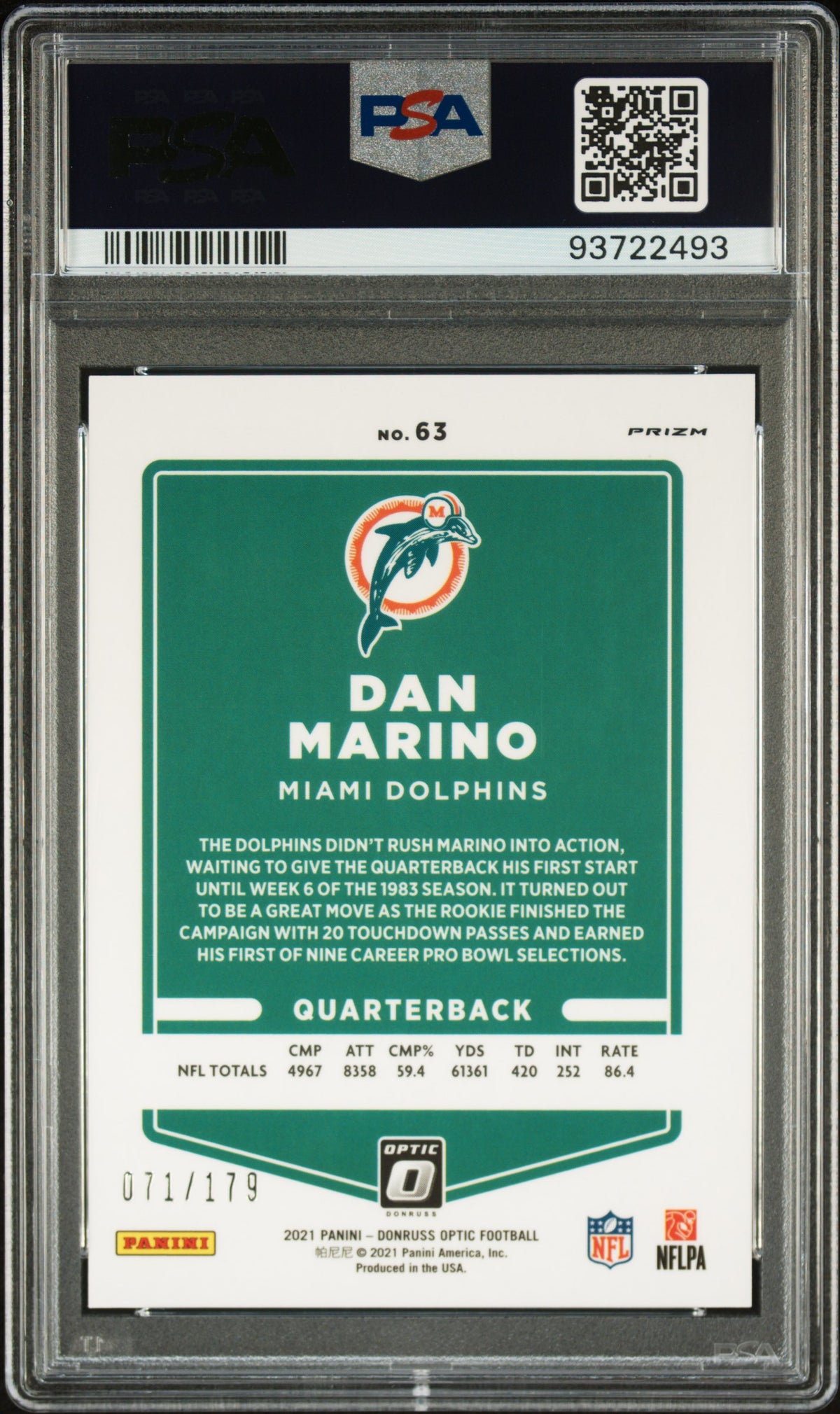 Dan Marino 2021 Panini Donruss Optic Blue Football Card #63 Graded PSA 10 71/179-Powers Sports Memorabilia