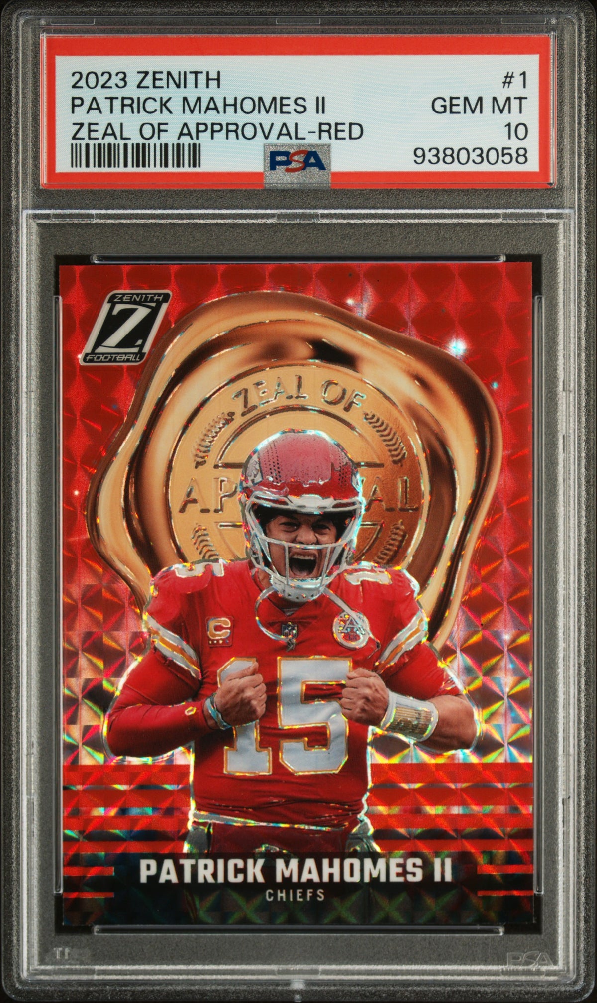 Patrick Mahomes 2023 Zenith Zeal of Approval Red Football Card #1 Graded PSA 10-Powers Sports Memorabilia