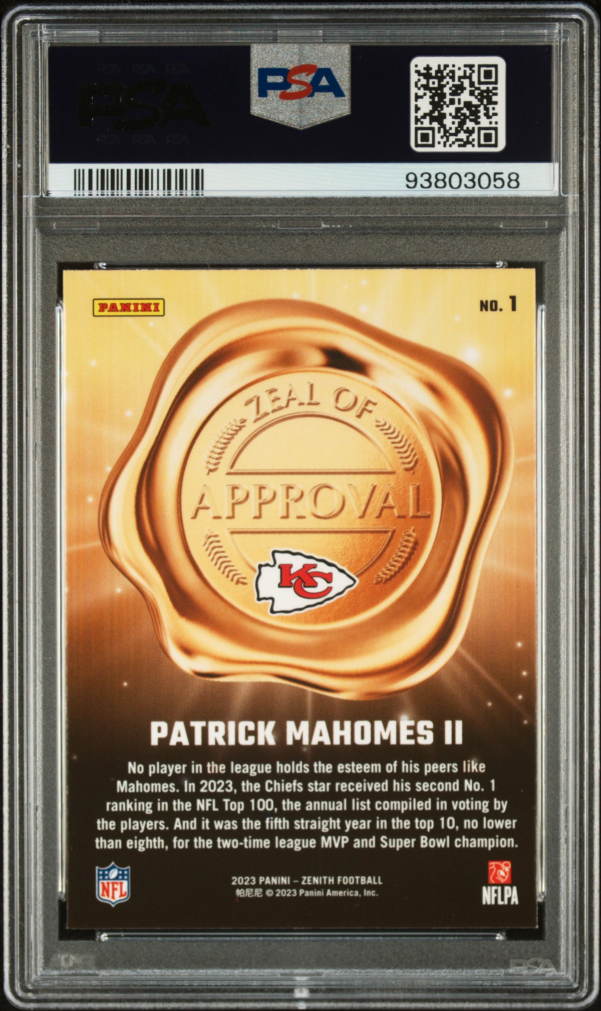 Patrick Mahomes 2023 Zenith Zeal of Approval Red Football Card #1 Graded PSA 10-Powers Sports Memorabilia