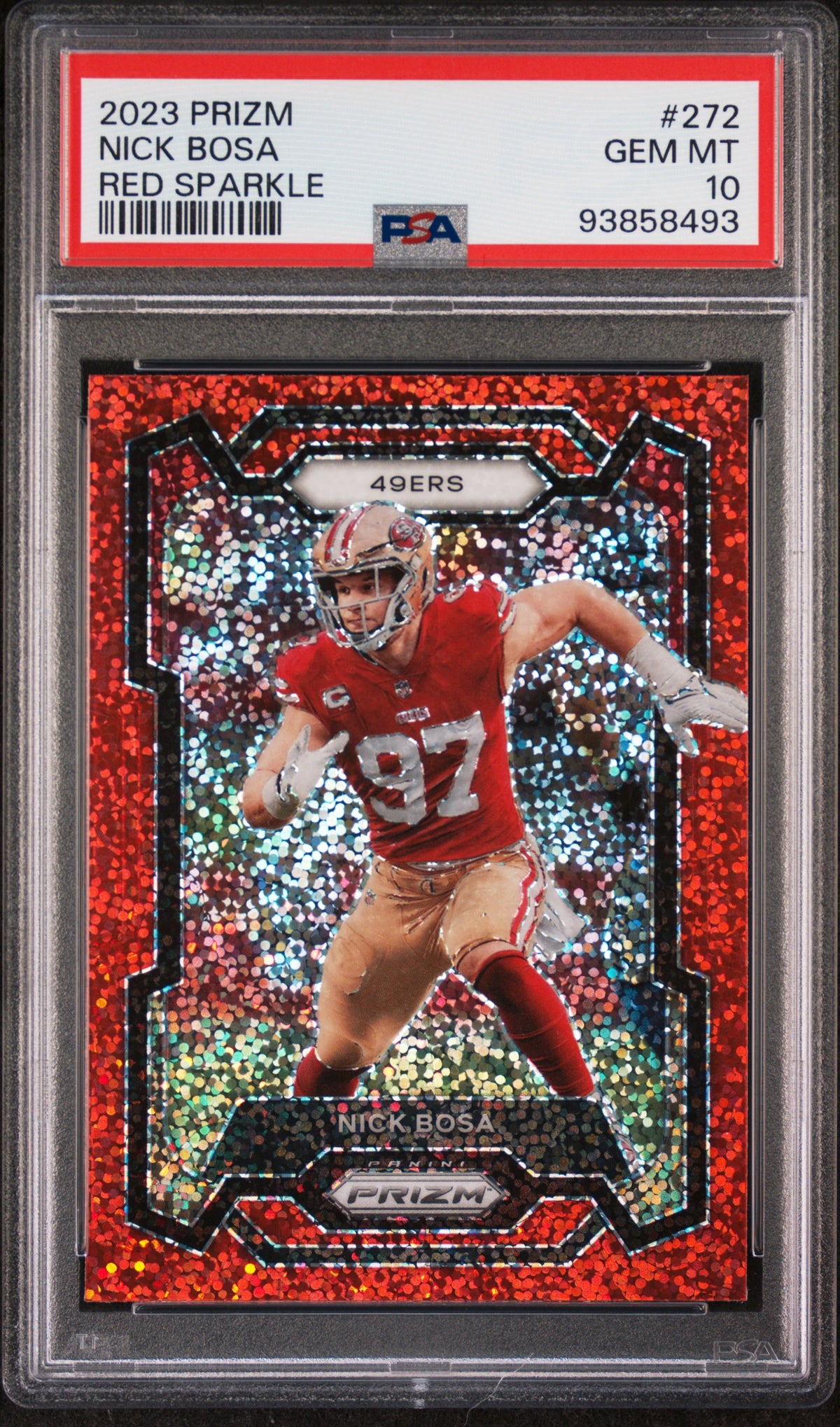 Nick Bosa 2023 Panini Prizm Red Sparkle Football Card #272 Graded PSA 10 Cert # 93858493-Powers Sports Memorabilia