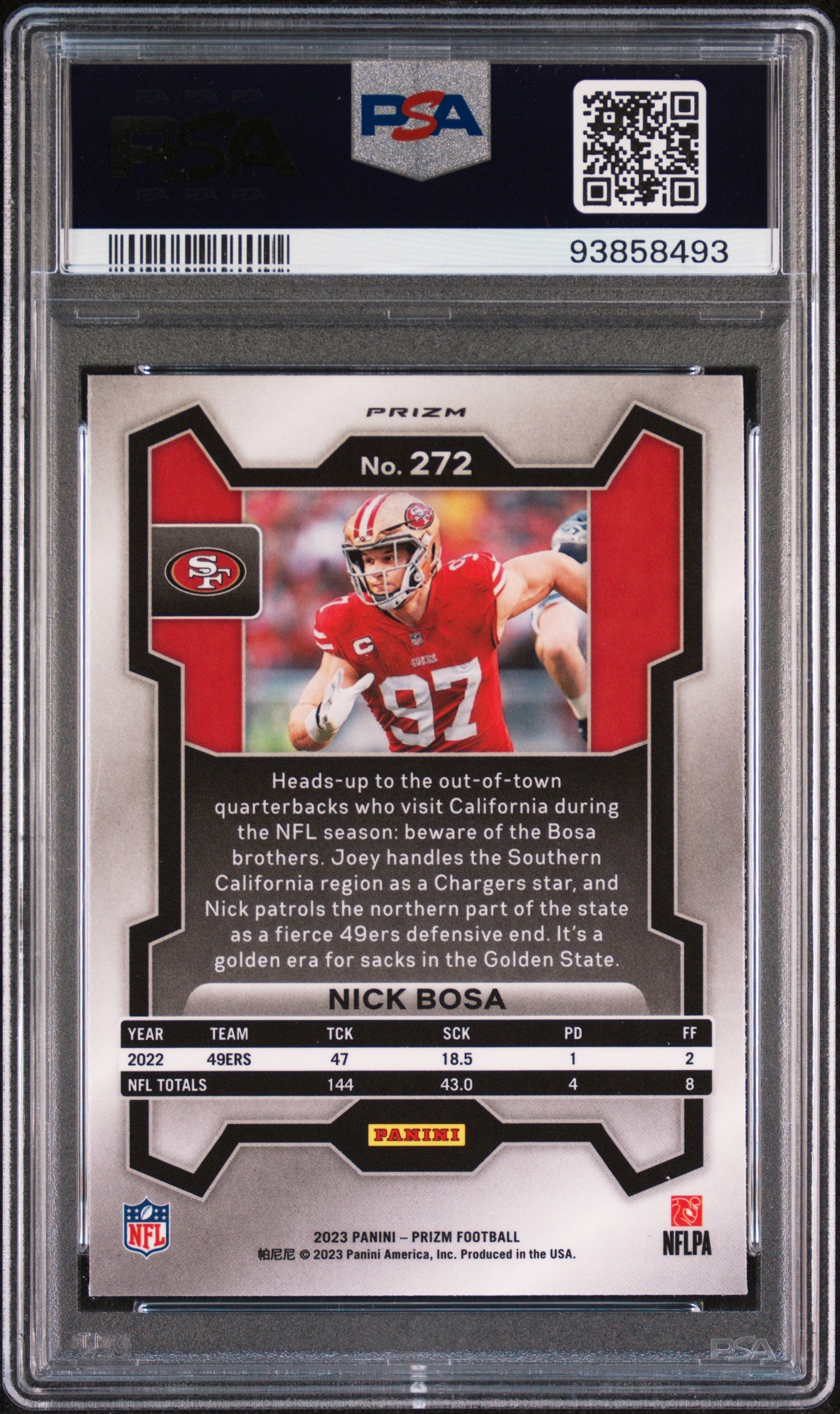 Nick Bosa 2023 Panini Prizm Red Sparkle Football Card #272 Graded PSA 10 Cert # 93858493-Powers Sports Memorabilia