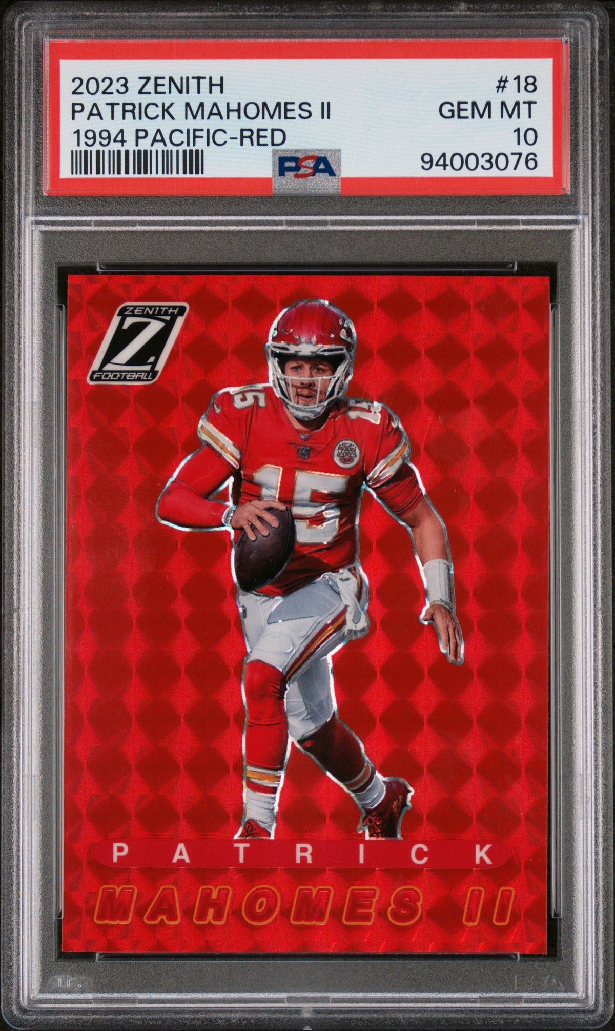 Patrick Mahomes 2023 Zenith 1994 Pacific Red Football Card #18 Graded PSA 10-Powers Sports Memorabilia