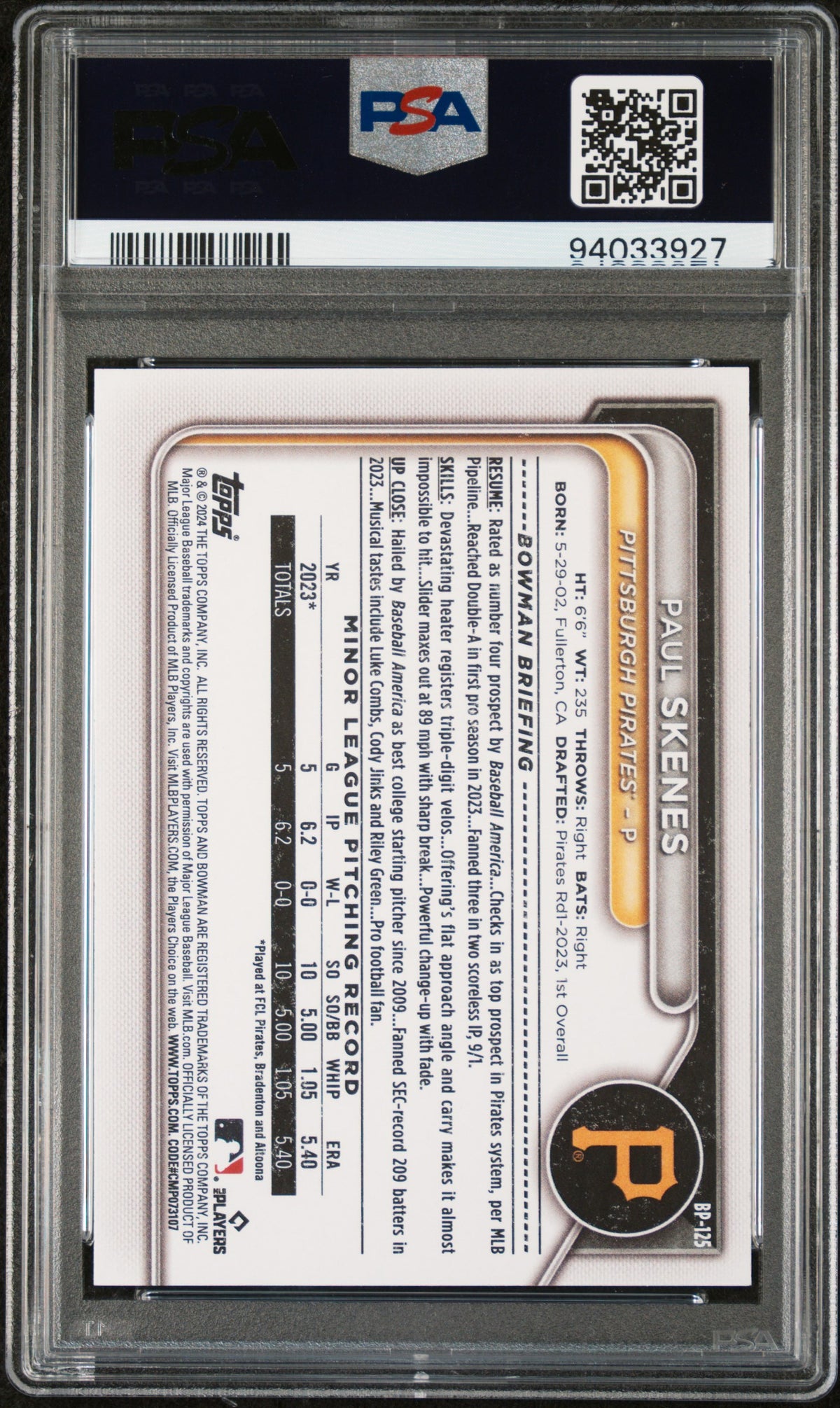 Paul Skenes 2024 Bowman Pittsburgh Pirates Baseball Paper Prospects Rookie Card #BP125 Graded PSA 9 Cert #94033927-Powers Sports Memorabilia