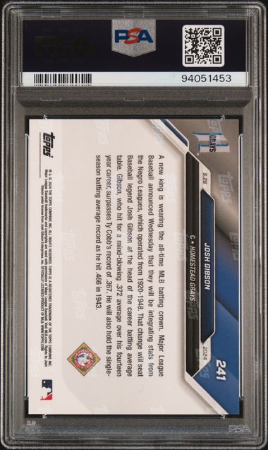 Josh Gibson 2024 Topps Now MLB Career Batting Leader Card #241 Graded PSA 10-Powers Sports Memorabilia