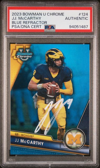 J.J. McCarthy 2023 Bowman Chrome Blue Refractor Rookie Card #124 Auto PSA 44/199-Powers Sports Memorabilia