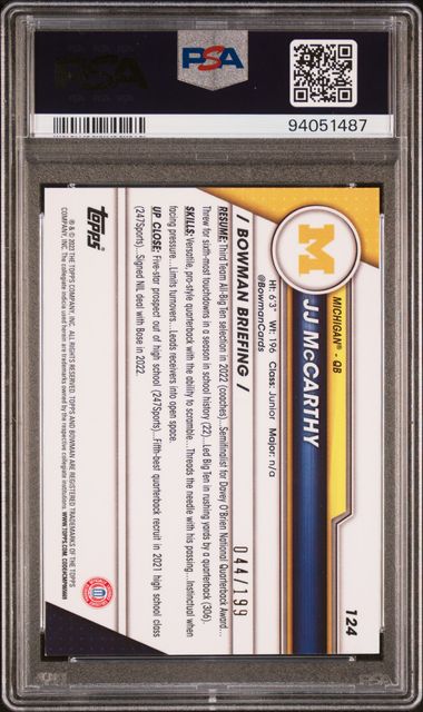 J.J. McCarthy 2023 Bowman Chrome Blue Refractor Rookie Card #124 Auto PSA 44/199-Powers Sports Memorabilia