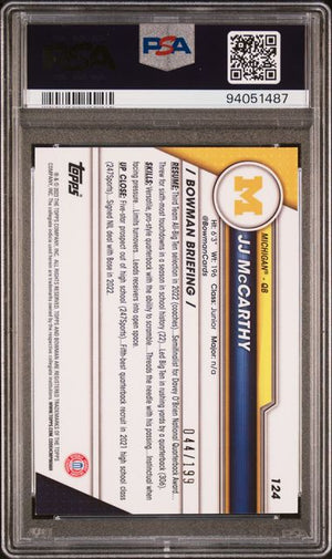 J.J. McCarthy 2023 Bowman Chrome Blue Refractor Rookie Card #124 Auto PSA 44/199-Powers Sports Memorabilia