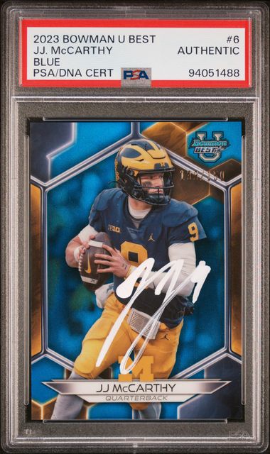 J.J. McCarthy 2023 Bowman U Best Blue Signed Rookie Card #6 Auto PSA 139/150-Powers Sports Memorabilia