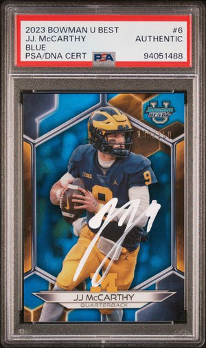 J.J. McCarthy 2023 Bowman U Best Blue Signed Rookie Card #6 Auto PSA 139/150-Powers Sports Memorabilia