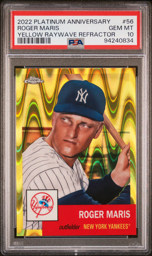 Roger Maris 2022 Topps Chrome Yellow Raywave Refractor Baseball Card #56 Graded PSA 10 131/250-Powers Sports Memorabilia
