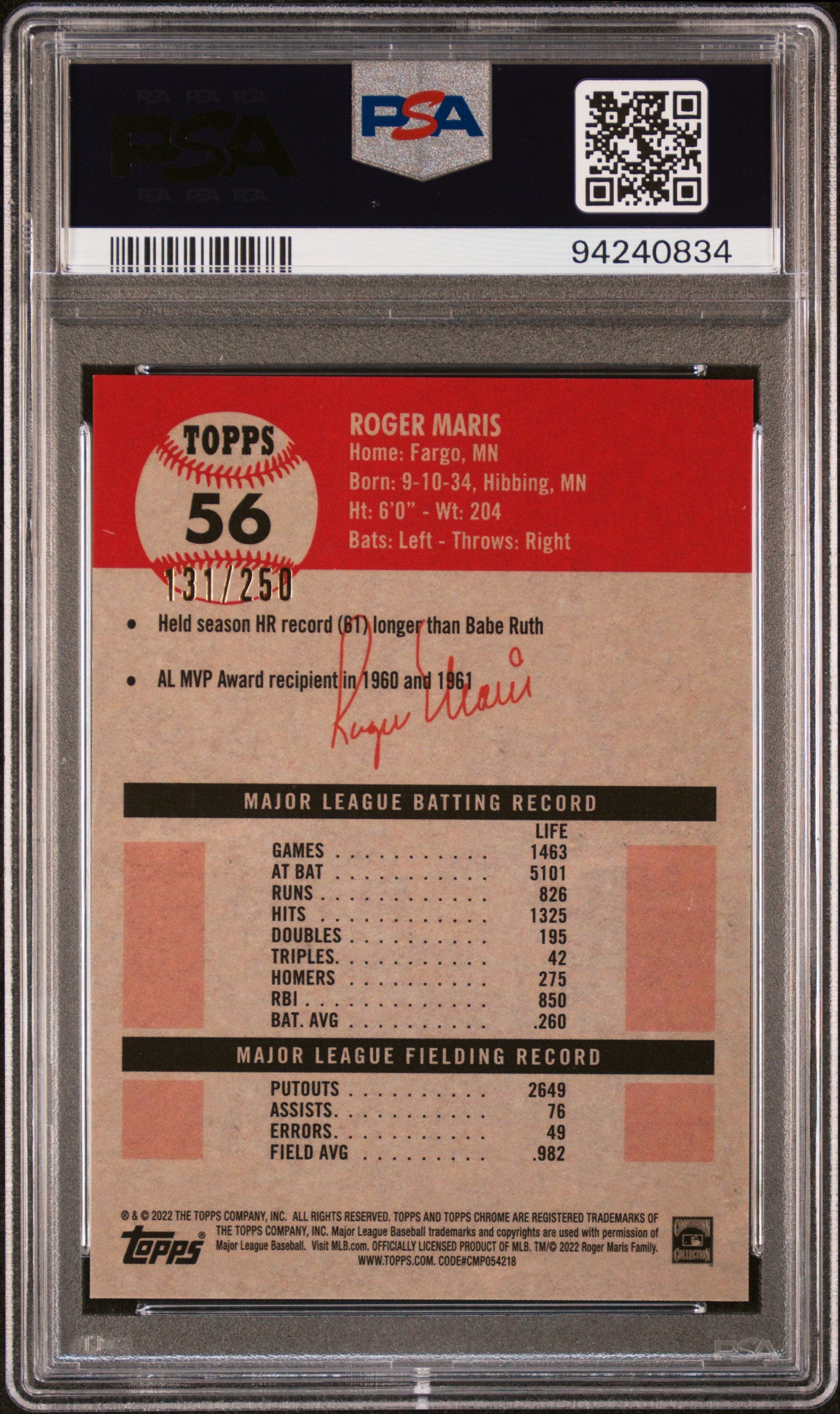 Roger Maris 2022 Topps Chrome Yellow Raywave Refractor Baseball Card #56 Graded PSA 10 131/250-Powers Sports Memorabilia