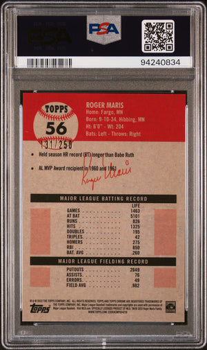 Roger Maris 2022 Topps Chrome Yellow Raywave Refractor Baseball Card #56 Graded PSA 10 131/250-Powers Sports Memorabilia