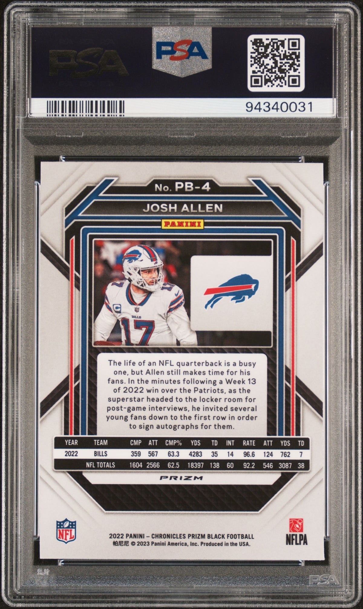 Josh Allen 2022 Panini Chronicles Prizm Black Silver Football Card #PB4 Graded PSA 10 Cert #94340031-Powers Sports Memorabilia