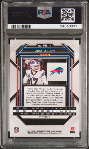 Josh Allen 2022 Panini Chronicles Prizm Black Silver Football Card #PB4 Graded PSA 10 Cert #94340031-Powers Sports Memorabilia