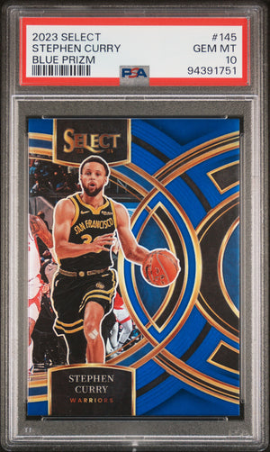 Stephen Curry 2023 Panini Select Blue Prizm Card #145 PSA 10-Powers Sports Memorabilia
