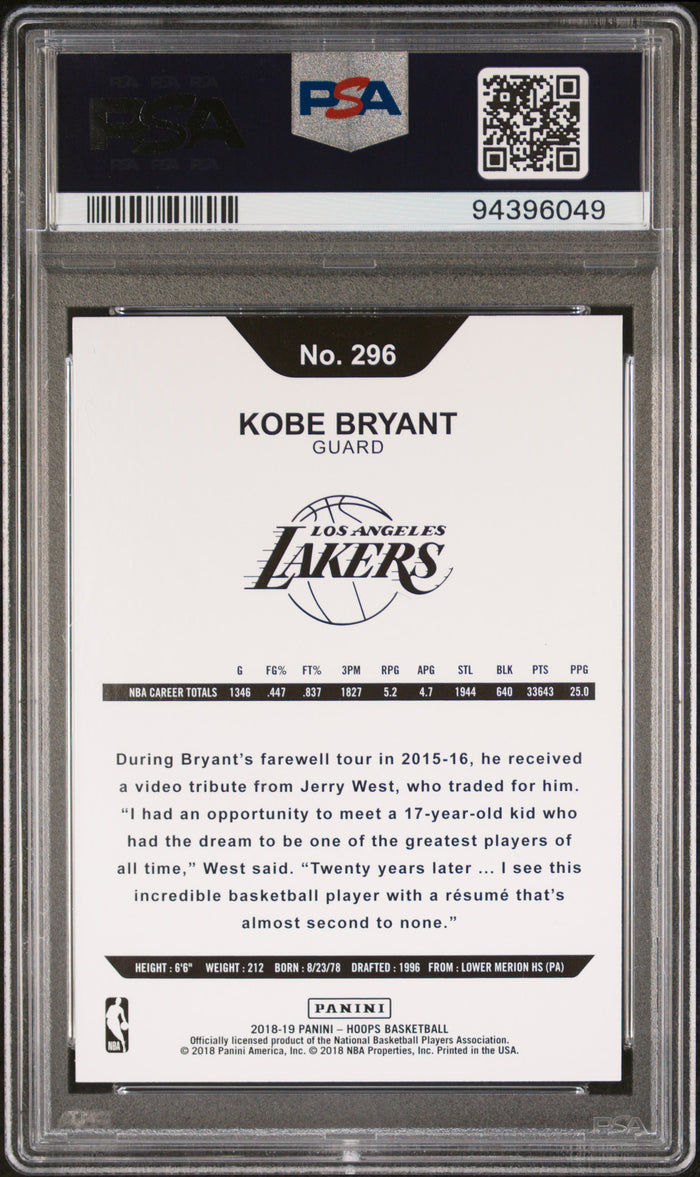 Kobe Bryant 2018 Panini Hoops Los Angeles Lakers Basketball Card #296 Graded PSA 10 Cert #94396049-Powers Sports Memorabilia
