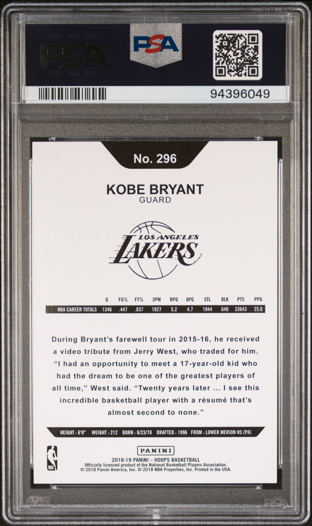 Kobe Bryant 2018 Panini Hoops Los Angeles Lakers Basketball Card #296 Graded PSA 10 Cert #94396049-Powers Sports Memorabilia