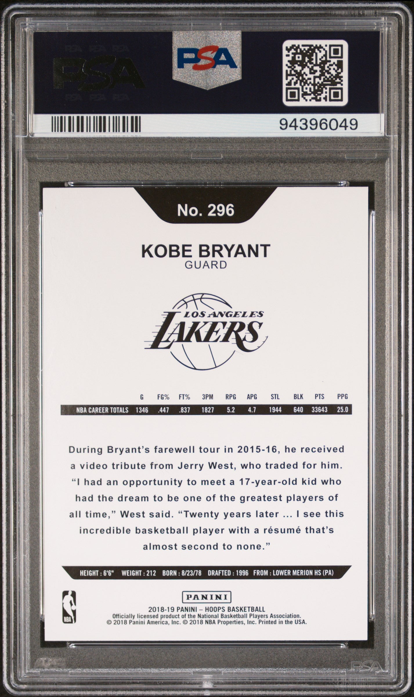 Kobe Bryant 2018 Panini Hoops Los Angeles Lakers Basketball Card #296 Graded PSA 10 Cert #94396049-Powers Sports Memorabilia